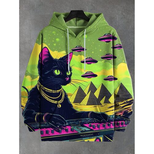Men's Pullovers Hoodies Funny Cute Black Cat Printed Sweatsh