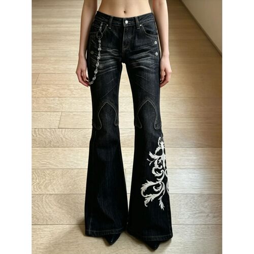 Y2K Gothic Floral Embroidery Flare Jeans Vintage Black Washe