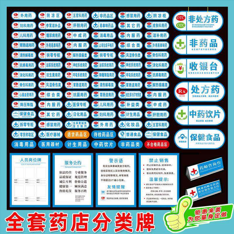 医院药店药房药品分类标识标贴标签GSP认证全套药店亚克力标牌保