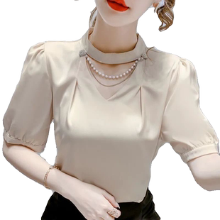 短袖雪纺衫女宽松珍珠链挂脖衬衣夏新款洋气纯色大码上衣女衬衫