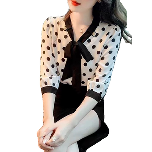 冠幂时尚波点雪纺衬衫女上衣新款2023显瘦七分袖衬衣套头洋气小衫