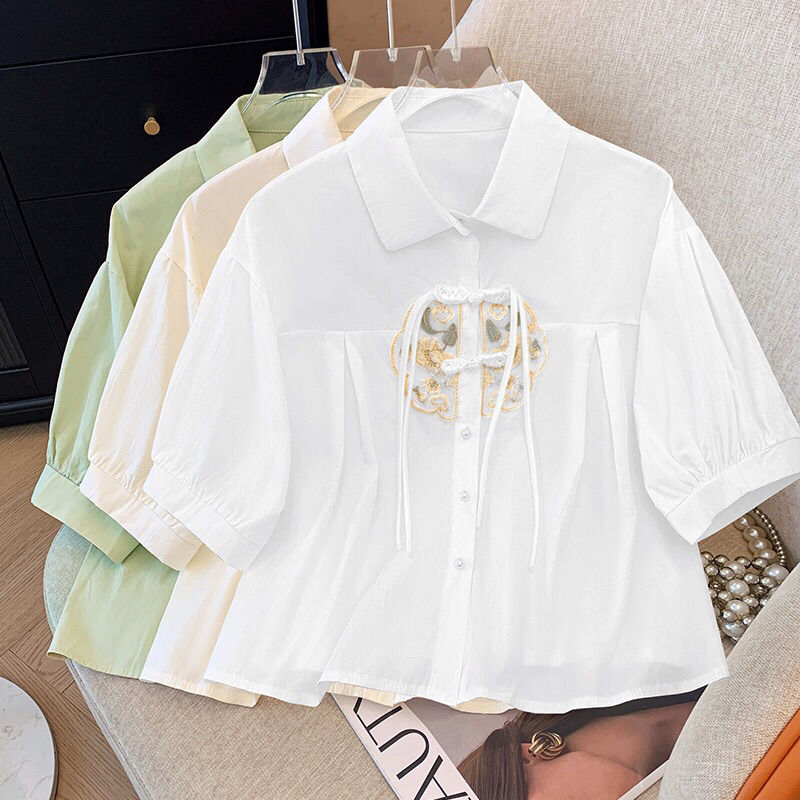 新中式纯棉盘扣刺绣POLO领衬衣