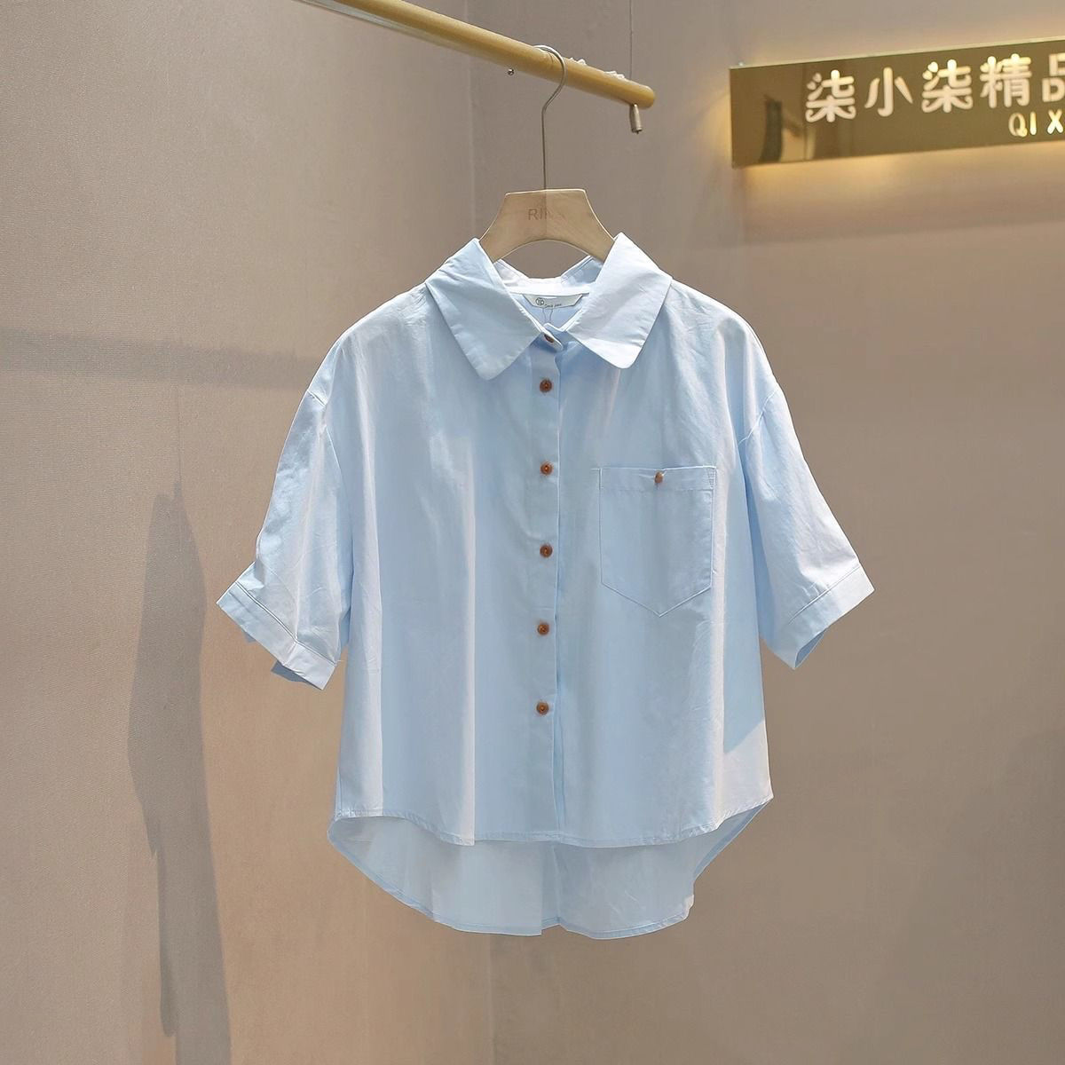 夏季新款韩版翻领单排扣宽松显瘦短袖休闲衬衣女纯棉衬衫上衣