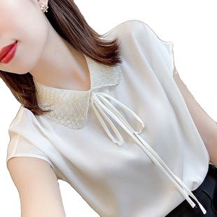 缎面衬衫女士装夏季2023年新款白色雪纺上衣漂亮别致小衫短袖衬衣