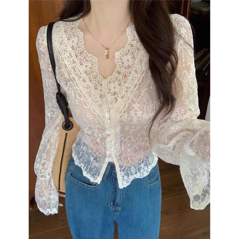 单排扣V领提花蕾丝衫内搭上衣