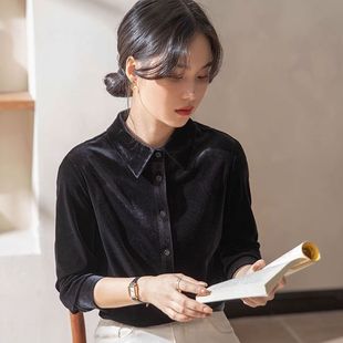 安可拉红色丝绒衬衫女2024秋冬新款本命年打底内搭高级感法式上衣