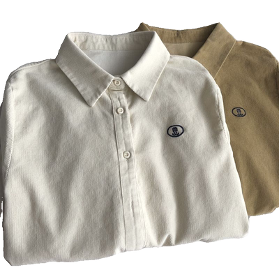 韩版小刺绣灯芯绒正肩长袖衬衫