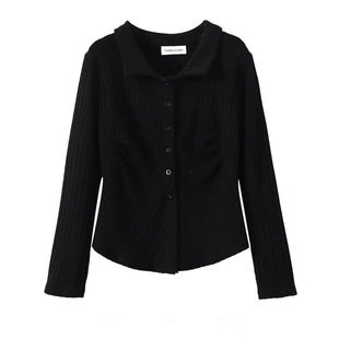 大码别致设计感小众polo领气质衬衫秋冬新款女修身显瘦长袖上衣