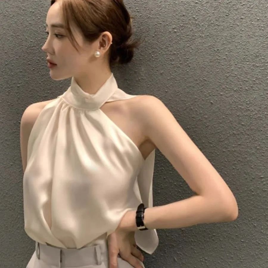 衬衫女in醋酸缎面小众不规则设计感挂脖露肩性感法式露背别致上衣