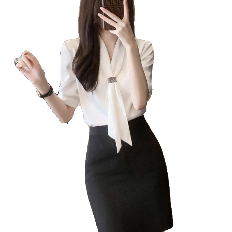 雪纺白色衬衫女设计感小众2024夏季新款韩版时尚洋气短袖职业衬衣