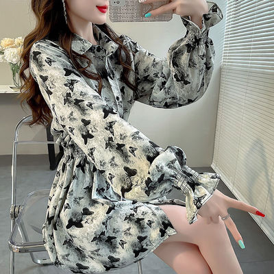 漂亮印花衬衣喇叭袖衬衫