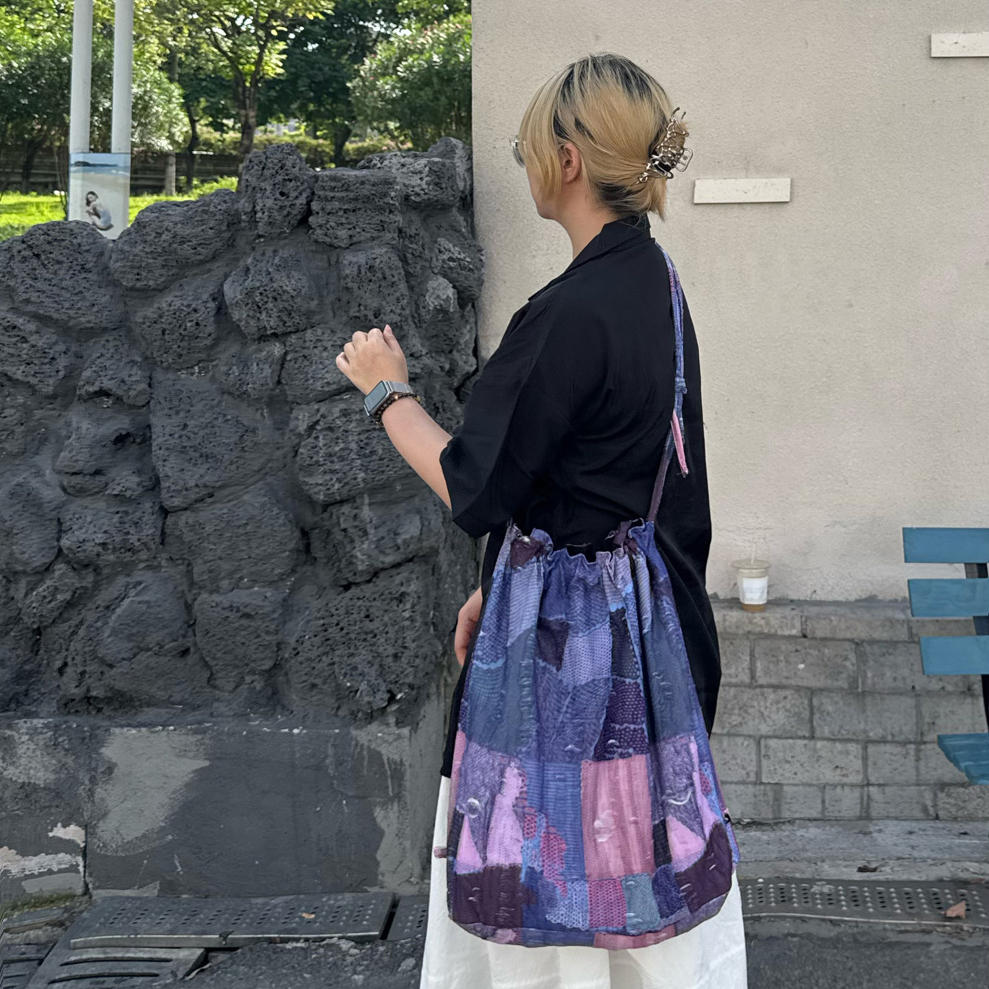 咩奇【紫色拼图】双肩包梦幻紫破洞印花拼接撞色三用束口双肩包