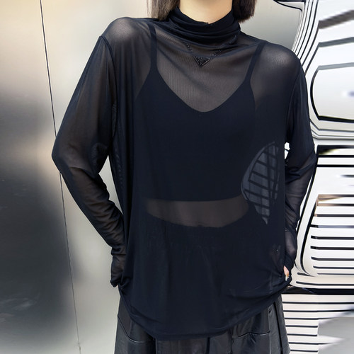 高领薄款弹力网纱t恤女通勤长袖