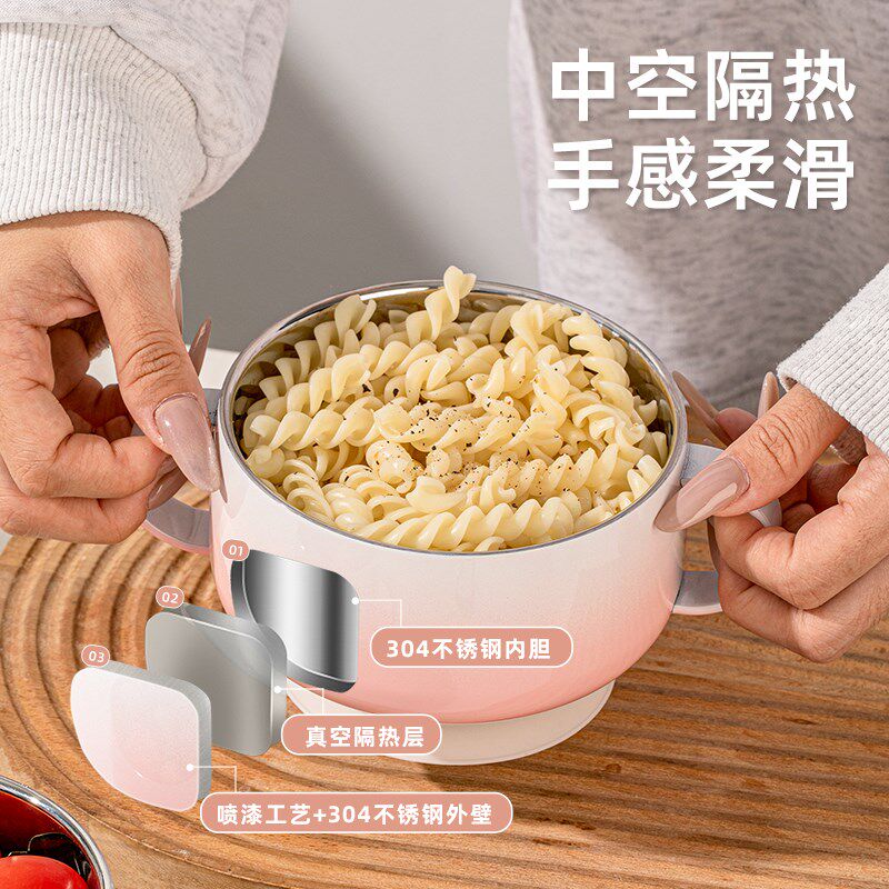 不锈钢儿童碗食品级双耳辅食碗宝宝吃饭专用碗具双层防摔汤碗带盖