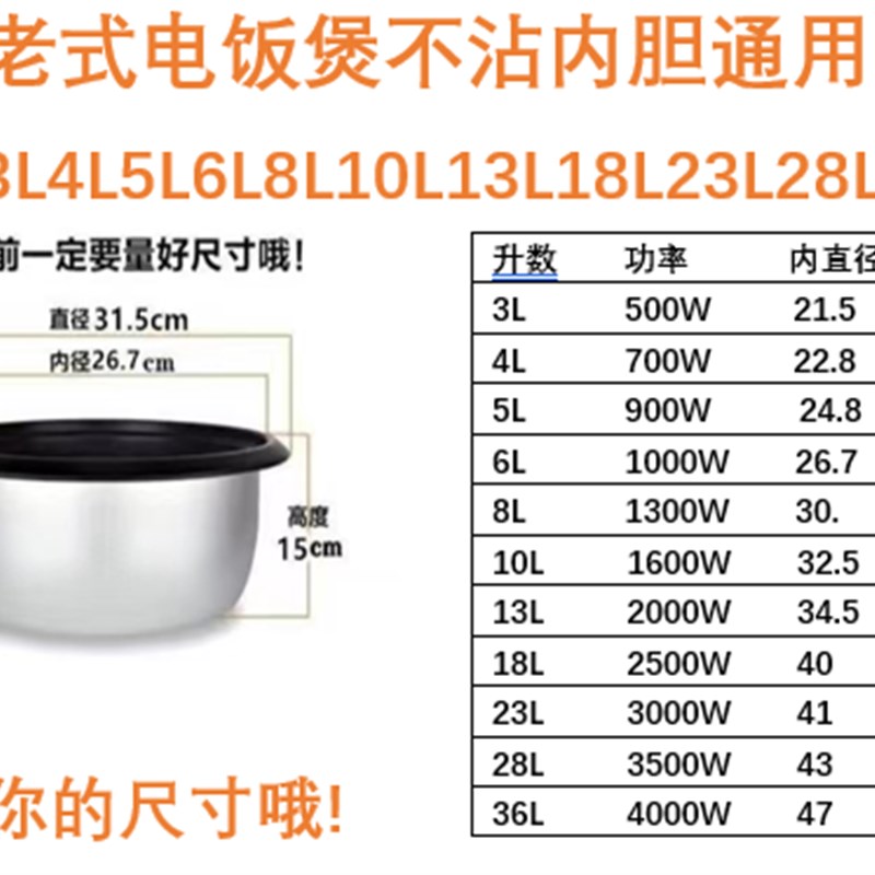 老式饭堂4L5L6L.8L10L13L18L23L28L36L45三角牌大电饭煲内胆通用
