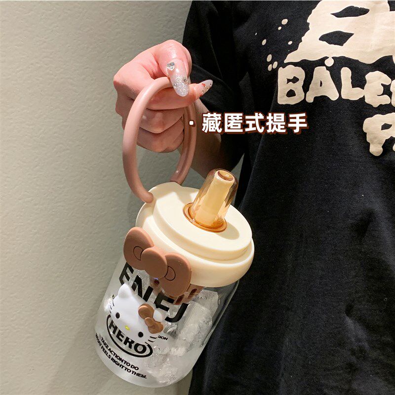 可爱吸管水杯女生夏日带茶仓办公室把手玻璃杯子2025新款咖啡牛奶
