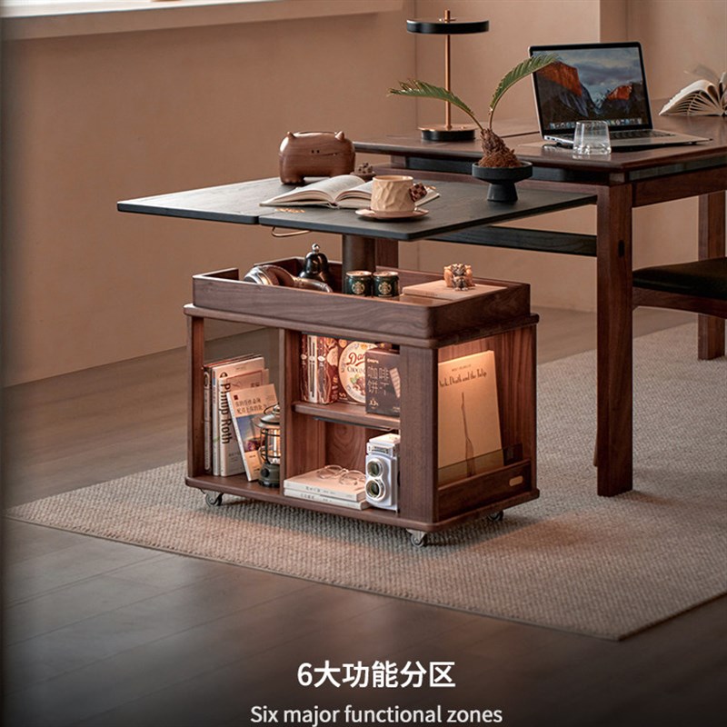 色格翻转边几实木可移动茶几黑胡桃木小推车餐桌两用边几沙发茶桌