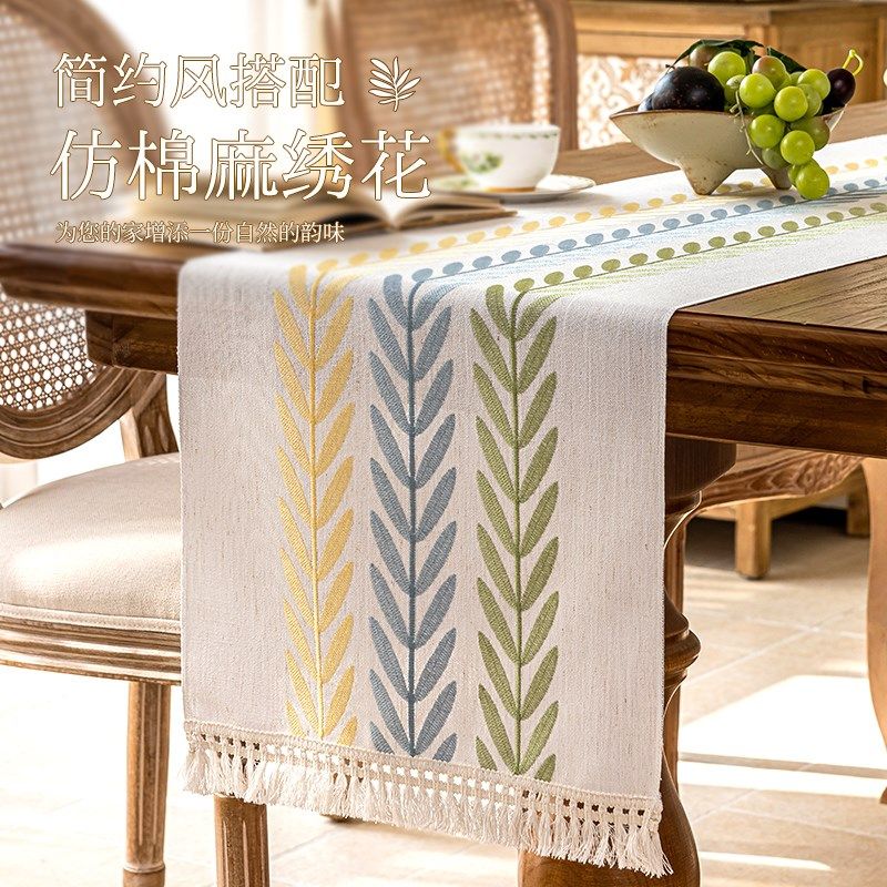 精选中式复古桌旗仿棉麻绣花电视柜长条现代简约盖布高级感桌布25