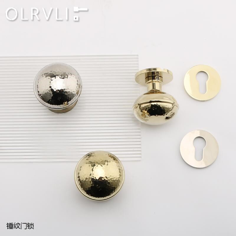 OLRVLI法式复古镍银色黄铜门锁锤纹金色静音球形锁双开门把手