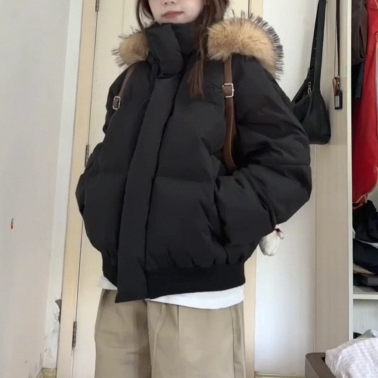 毛领连帽羽绒棉服女冬季2025新款宽松加厚保暖棉袄情侣派克服外套