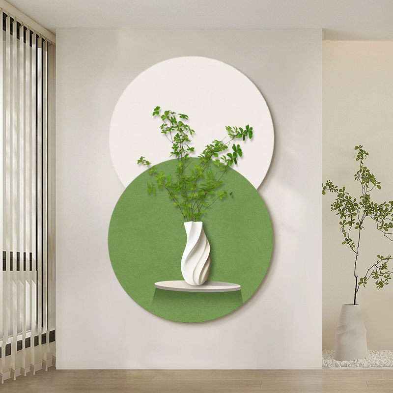 宅寂风入户玄关花瓶植物装饰画带灯餐厅圆形走廊楼梯挂画正对门壁图片