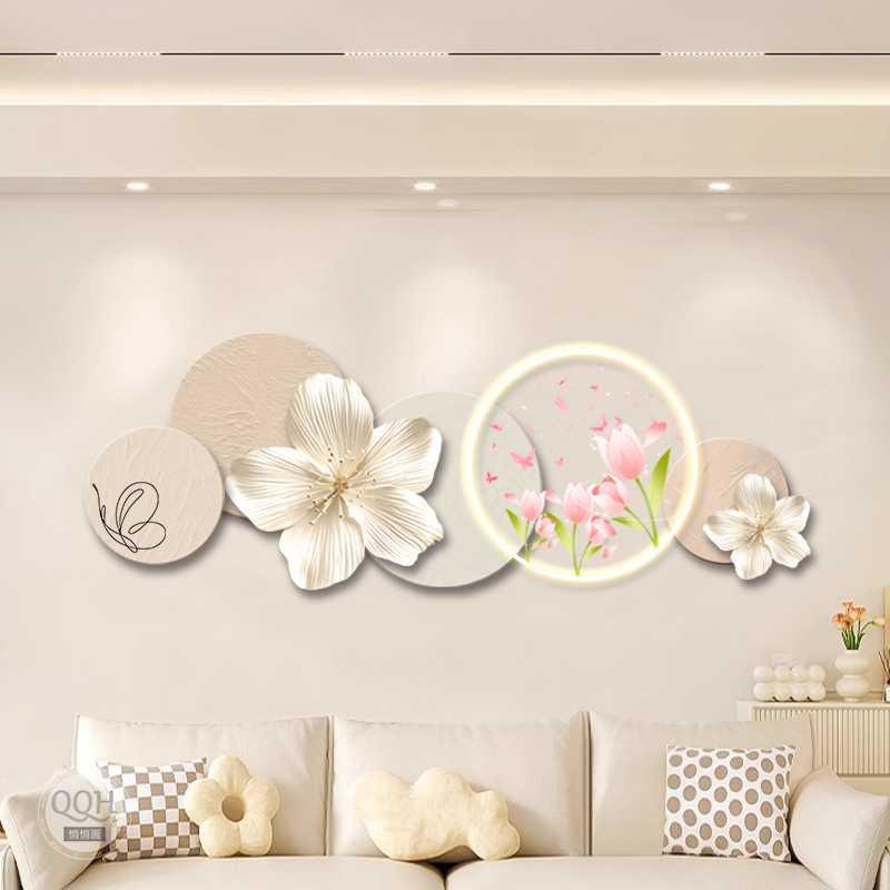 奶油风客厅装饰画创意花卉沙发背景墙画高档发光壁画卧室床头灯画图片