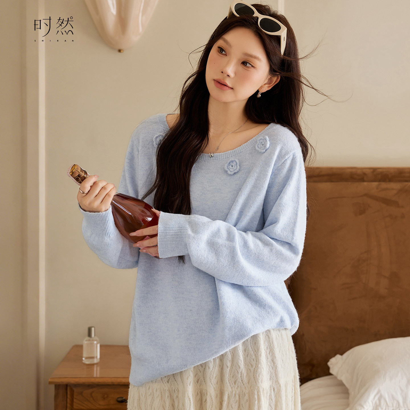 时然大码羊毛混纺毛衣微胖mm春秋新品女装上衣宽松百搭花朵针织衫,女装/女士精品,大码内搭,淘宝优惠券,粉丝福利购,淘宝优惠卷