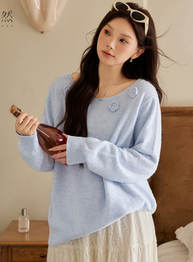 时然大码羊毛混纺毛衣微胖mm春秋新品女装上衣宽松百搭花朵针织衫