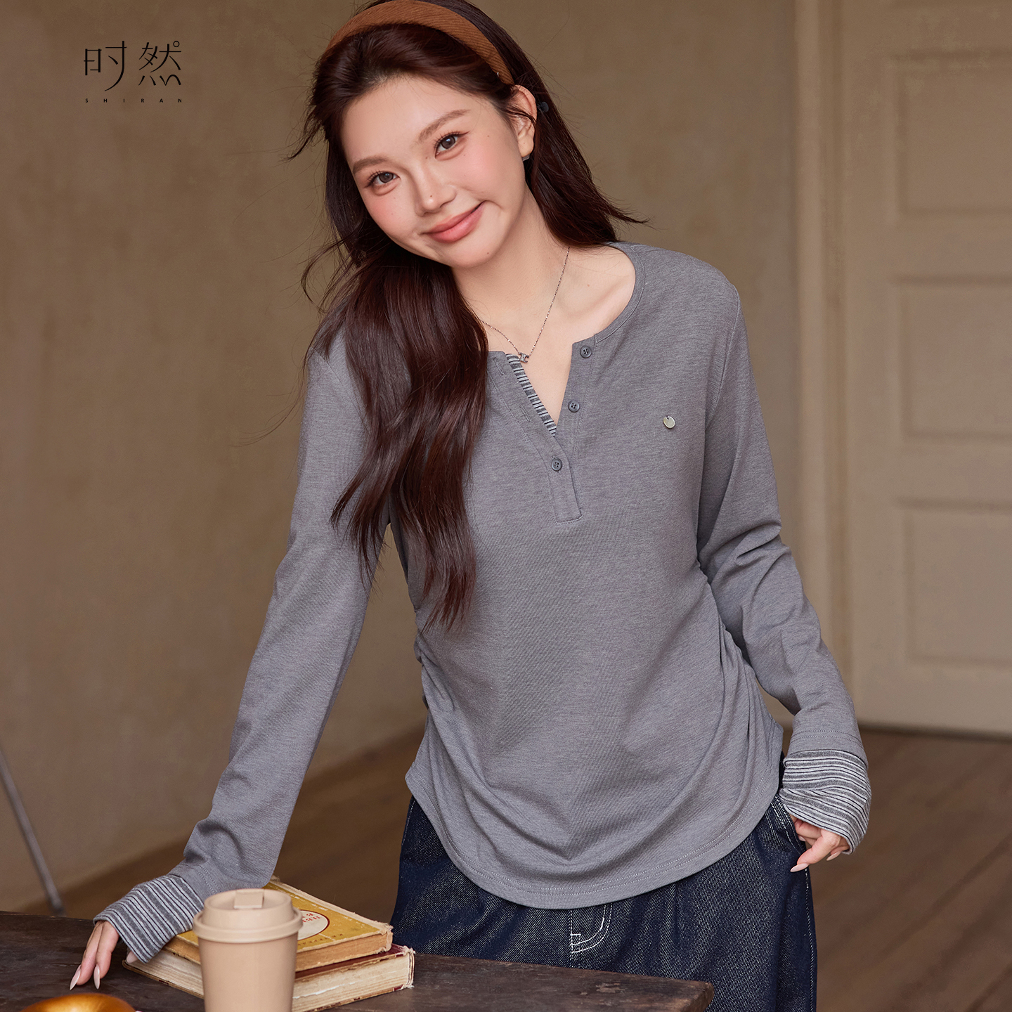 时然假两件长袖保暖T恤