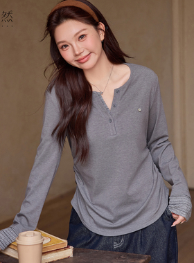 时然大码微胖MM25年冬新款亲肤抑菌磨毛T恤假两件长袖针织打底衫