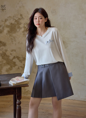 时然大码女装撞色条纹拼接T恤25秋季新款微胖mm显瘦圆领长袖上衣