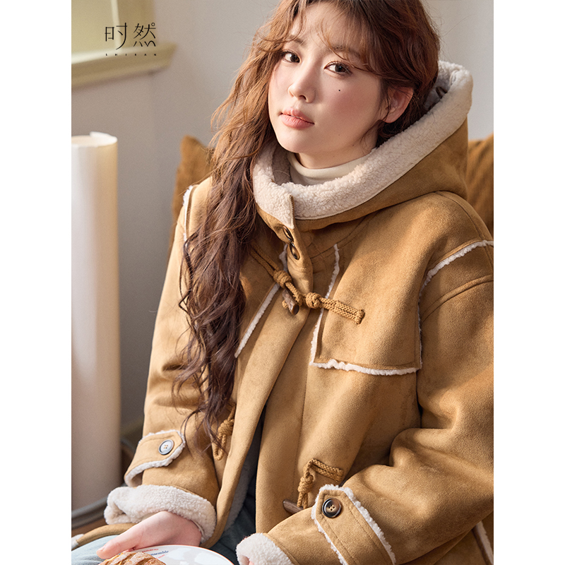 时然大码连帽皮毛一体外套冬季新款微胖MM保暖百搭休闲麂皮绒外套