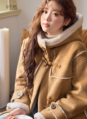 时然大码连帽皮毛一体外套冬季新款微胖MM保暖百搭休闲麂皮绒外套