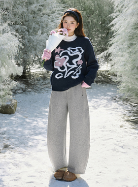 时然大码灰色阔腿裤冬季加绒加厚卫裤微胖mm女装裤子直筒裤弯刀裤