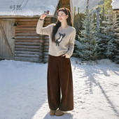 灯芯绒弯刀裤 子长裤 微胖mm冬季 新款 时然大码 高腰裤 加厚阔腿裤 女装