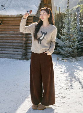 时然大码灯芯绒弯刀裤微胖mm冬季加厚阔腿裤新款女装高腰裤子长裤