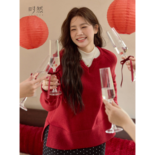 韩系简约百搭设计感针织衫 时然大码 微胖MM新年圣诞红色毛衣冬季