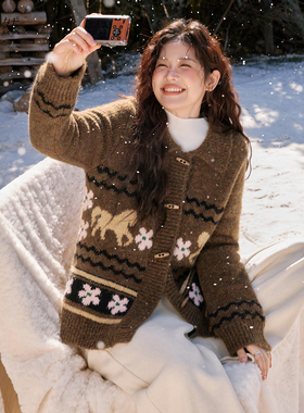 时然大码复古撞色针织衫宽松毛衣上衣新款冬装胖mm女装开衫外套