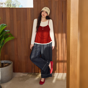 女装 时然大码 韩系微胖假两件长袖 秋冬新款 上衣 新年圣诞红色针织衫