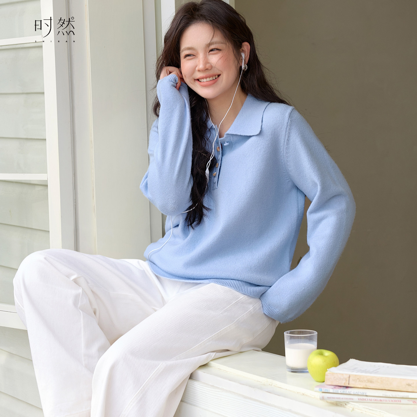 时然大码蓝色针织衫微胖女装纯色毛衣春季新品百搭显瘦上衣POLO衫,女装/女士精品,大码内搭,淘宝优惠券,粉丝福利购,淘宝优惠卷