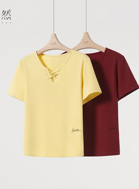 时然大码微胖MM26年夏季新款设计感显瘦百搭V领绑带短袖T恤
