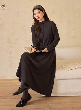 时然大码微胖MM连衣裙原创女装高级裙子黑色针织长裙春秋气质收腰