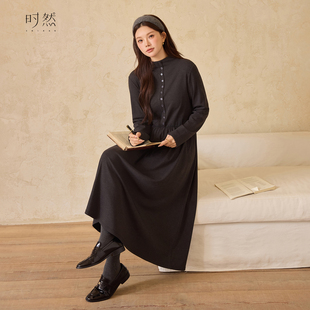 时然大码微胖MM连衣裙原创女装高级裙子黑色针织长裙秋冬气质收腰