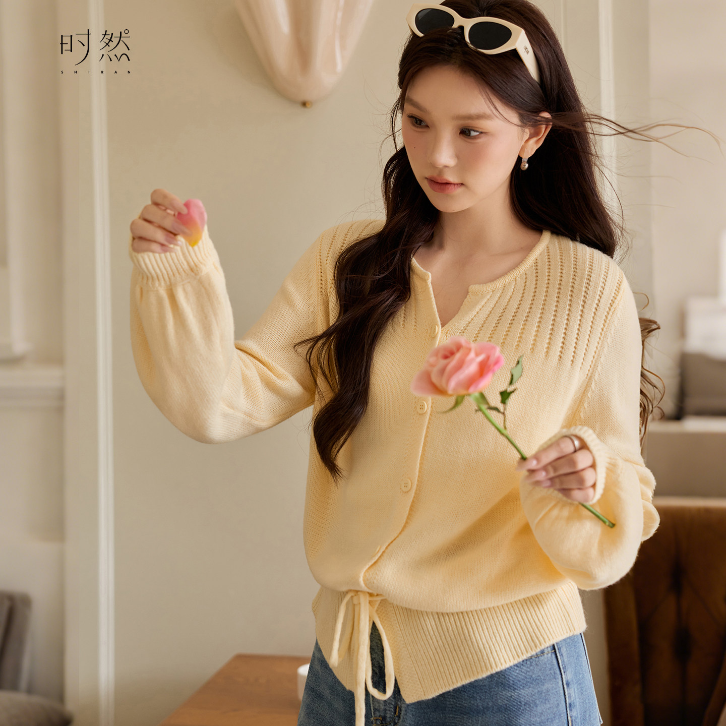 时然大码收腰系带针织衫微胖女装新品春季纯色毛衣宽松显瘦开衫,女装/女士精品,大码内搭,淘宝优惠券,粉丝福利购,淘宝优惠卷