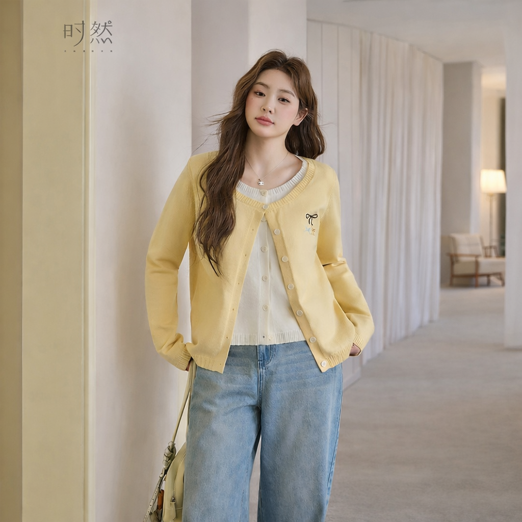 时然大码假两件针织衫微胖mm春季女装撞色长袖T恤新品刺绣开衫,女装/女士精品,大码内搭,淘宝优惠券,粉丝福利购,淘宝优惠卷