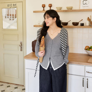 简约百搭实穿显瘦撞色假两件针织衫 微胖2025秋新款 女装 时然大码