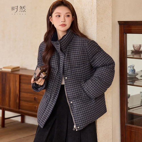 时然大码千鸟格保暖棉服