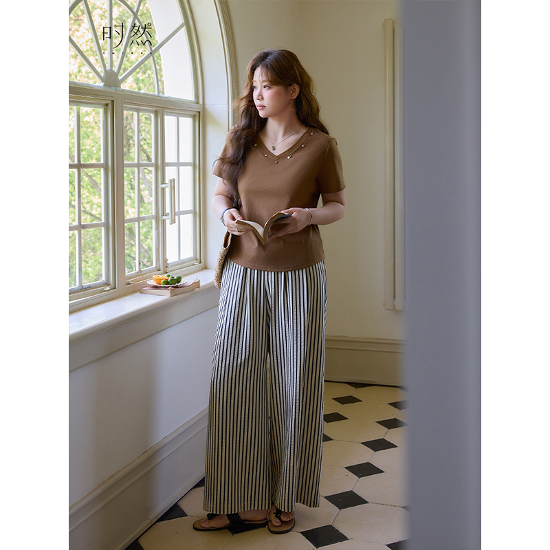 时然大码微胖MM25年夏季新款洋气百搭显瘦遮肉条纹休闲裤阔腿裤,女装/女士精品,大码裤装,淘宝优惠券,粉丝福利购,淘宝优惠卷