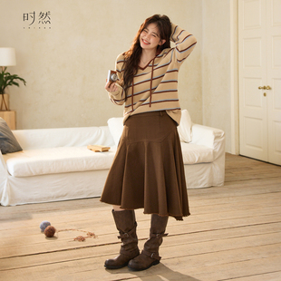 微胖mm显瘦休闲不规则半身裙 纯棉斜边伞裙25秋冬新款 时然大码 女装