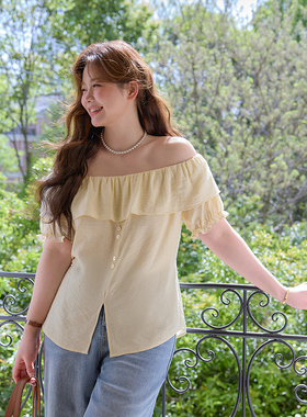 时然大码微胖MM一字肩衬衫26夏新款温柔韩系遮肉露肩宽松小衫上衣